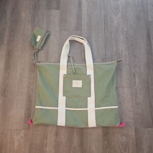 American Eagle Outfitters Triple  Tote Bag Large Olive/Cream Full Zip Canvas